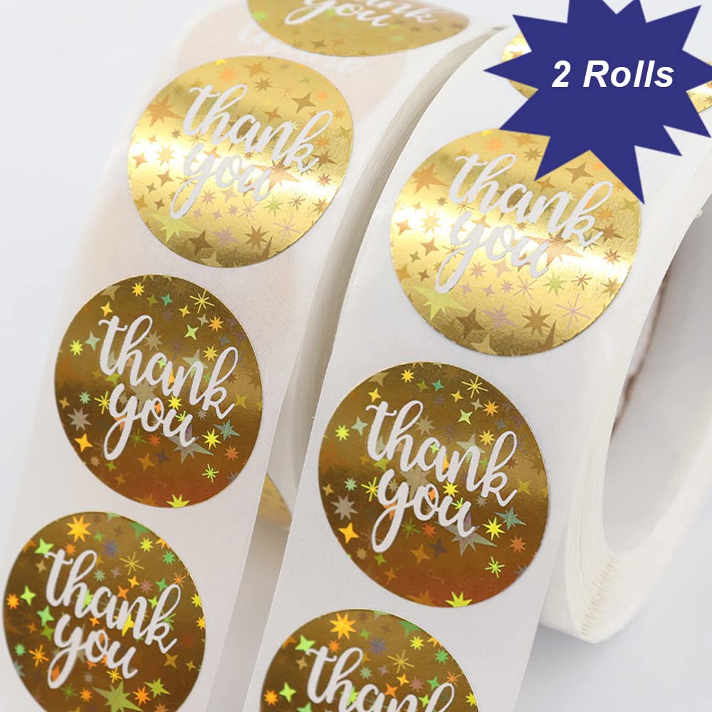 Thank You Stickers 1000 PCS Round Gold Wedding Sticker 2 Rolls Glitter Star Thank You Labels for Small Business 1 Inch (Gold)