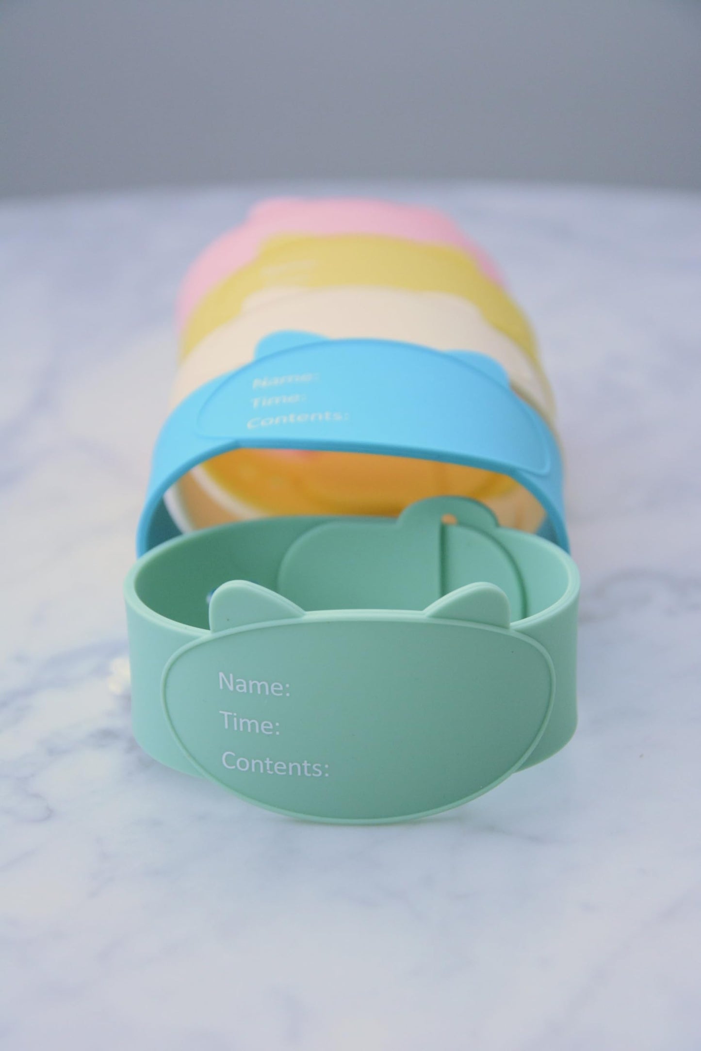 Adjustable Silicone Baby Bottle Labels with Claps- Reusable-Great for Day Care-Diswasher Safe- Waterproof- Essentials- Silicone Labels Open with Claps- Adjustable for Bottles