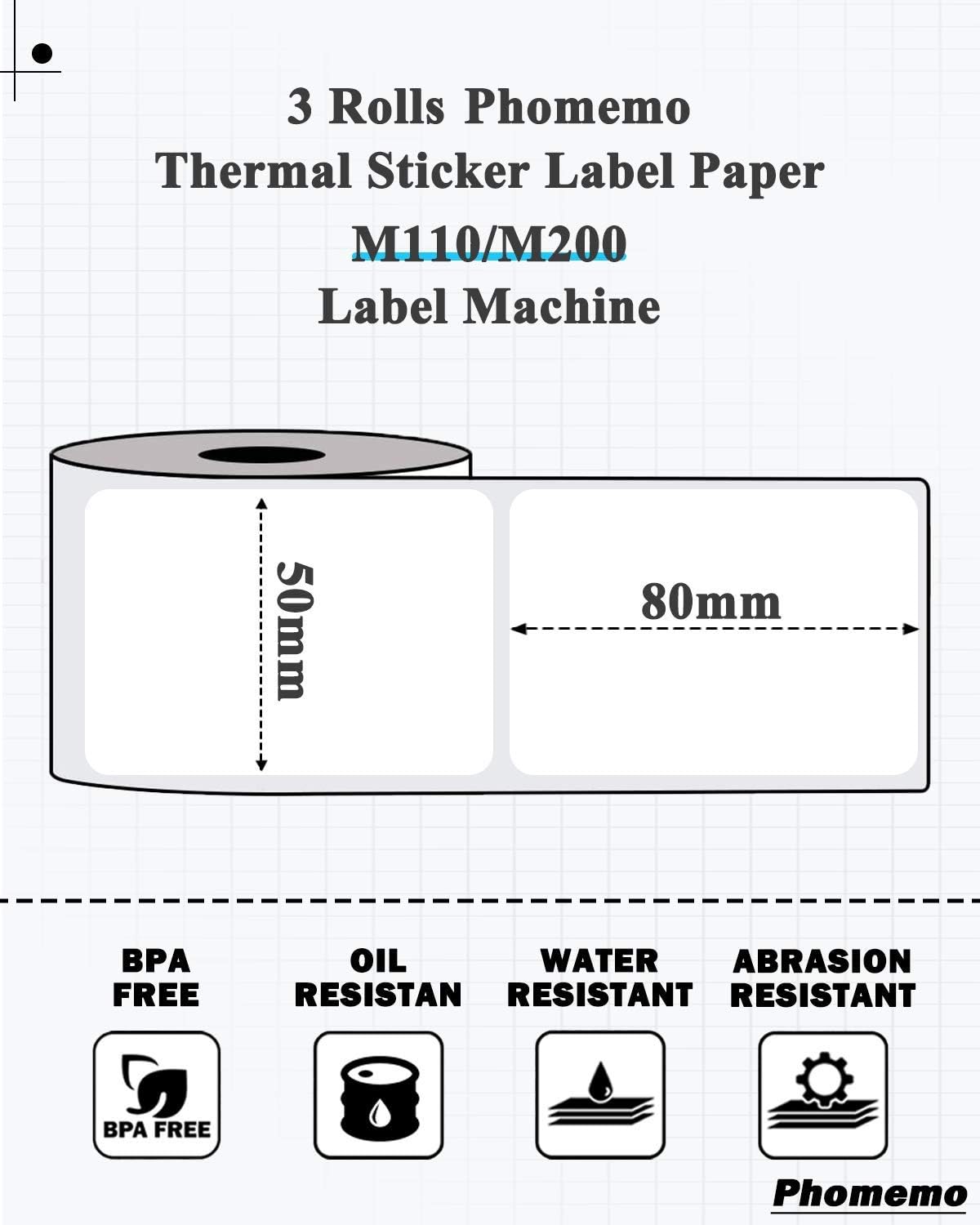 Phomemo M220 Labels - 3 Rolls, 100 Labels/Roll, Square, Black on White, 1.97"x3.15" (50x80mm), Compatible with M110/M220/M221/M120/M200 Printers 1.97" x 3.15" (50mmx80mm)