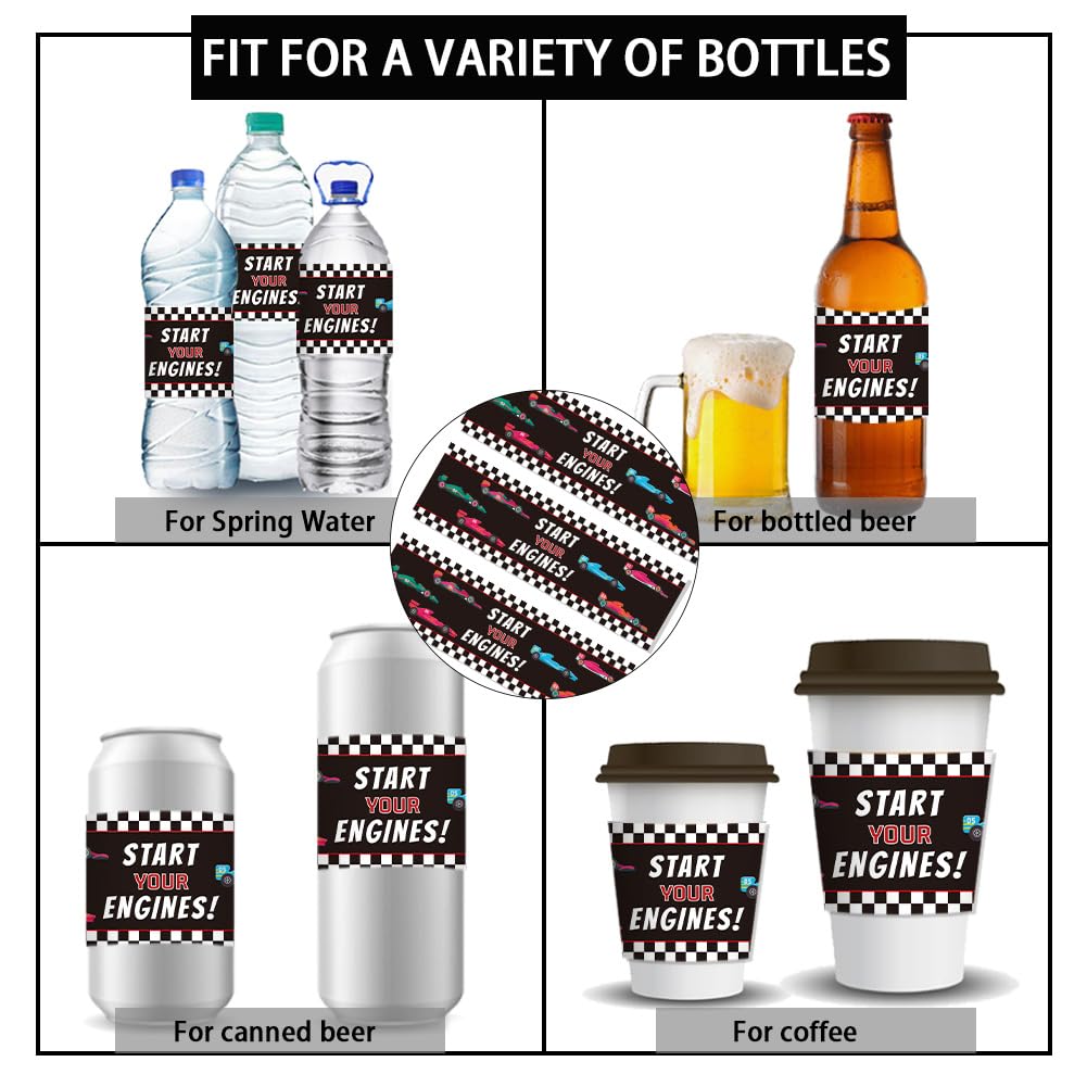 PH PandaHall 30pcs Water Bottle Labels Waterproof Labels, 21.6x6.4cm/ 8.5x2.5inches Rectangle Bottle Label Start Your Engines Bottle Wraps Adhesive Stickers for Race Car Party Decorations Supplies