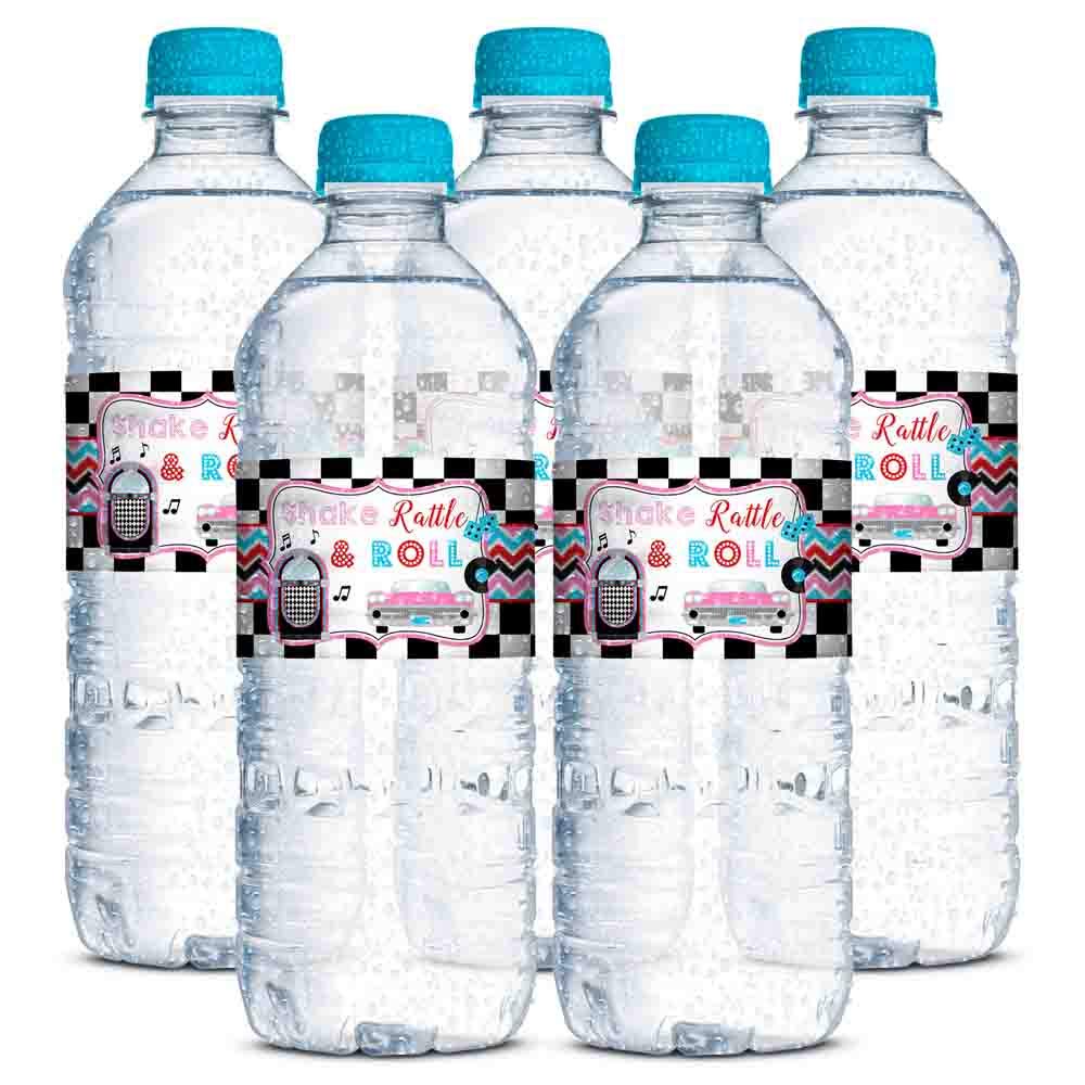 50’s Sock Hop Birthday Waterproof Water Bottle Sticker Wrappers, 20 1.75" x 8.5" Wrap Around Labels by AmandaCreation