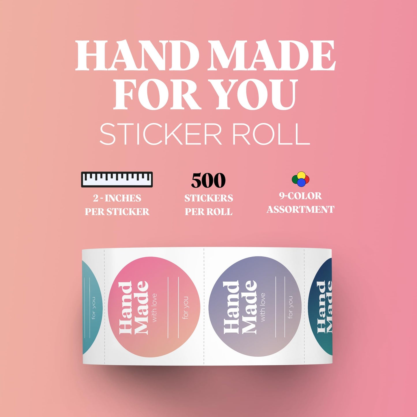 Mobiusea Creation Handmade with Love Labels Roll | Colorful Gradient Design | 2 inch Round Cut | 500 Labels for Homemade Goods, Handmade Stickers, Soap Candle Canning Supplies