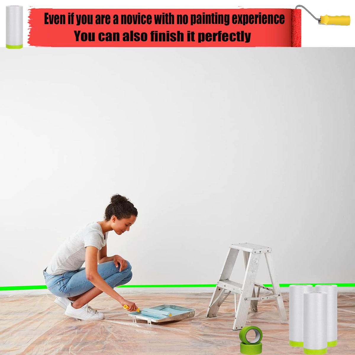 Tape and Drape Painters Tape and Plastic Film - 55in x 65ft Roll for Cars, Auto Body, Skirting and Frames 1 55 inch x 65 feet
