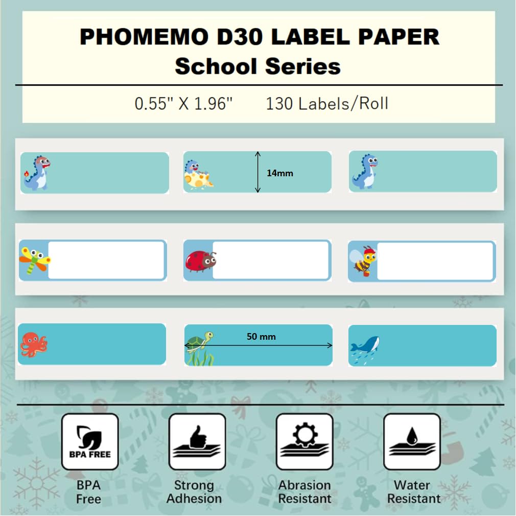 Phomemo D30 3 Roll Adhesive Cute Pattern Label Paper 0.55" x 1.96" (14mmX50mm) for Labeling Kid Items, for School, Organization- Animal Series, 130 Labels for Each Roll