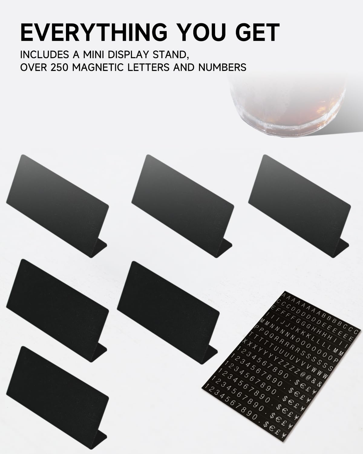 Mini Magnetic Letter Display Signs – Chalkboard-Style Reusable Food Price Labels | 12 Metal Boards + 900 Magnetic Characters for Bakery, Café, Dessert Shop, Deli & Catering Use Black 3.15 x 1.46 Inches 12 Metal Sign + 4 Letter Sheet (3.15 x1.46")
