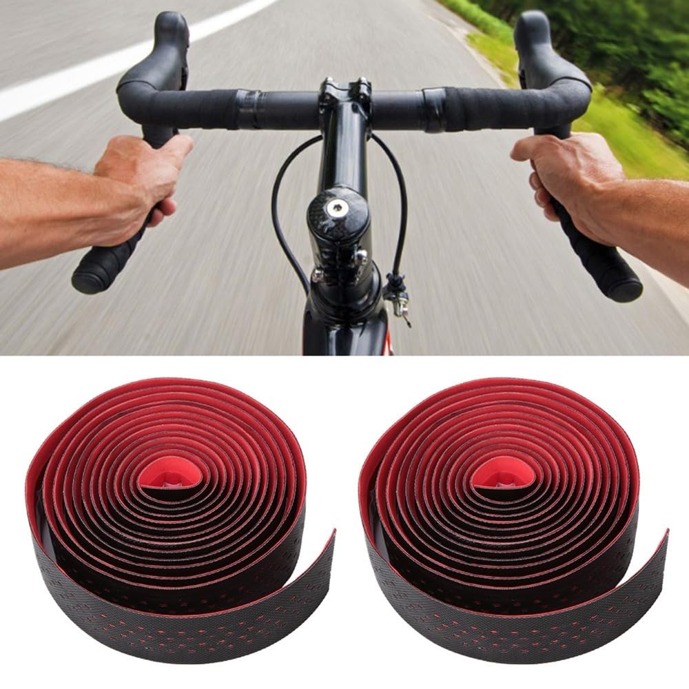 2-Pack Bike Handlebar Tape - EVA PU Perforated Anti-Slip Cycling Grip Tape with End Plugs & Sealing Tapes for Road/Mountain/Folding Bikes(Red) Red