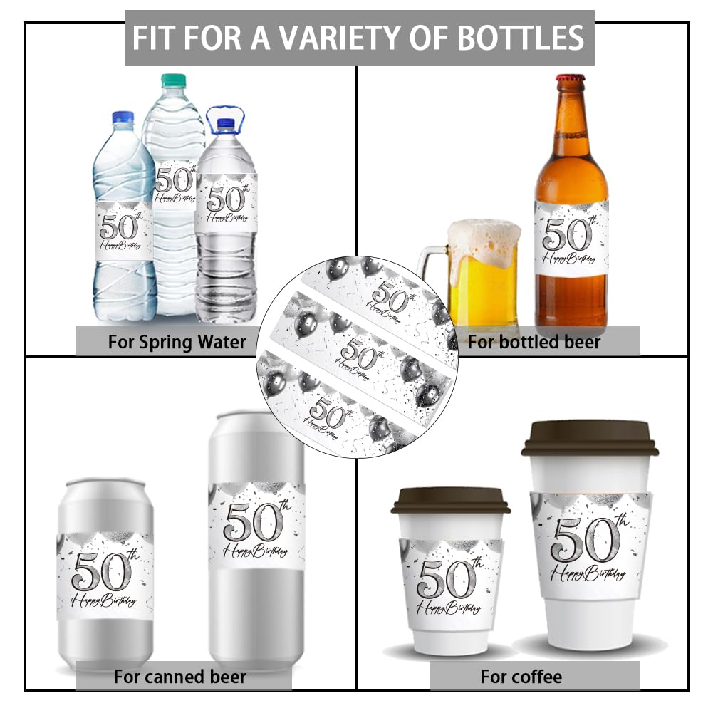 PH PandaHall 50th Birthday Water Bottle Labels Happy Birthday Stickers for Party Personalized Water Bottel Wraps Self Adhesive Labels for Father Husband 8.5x2.5 inches, 30pcs