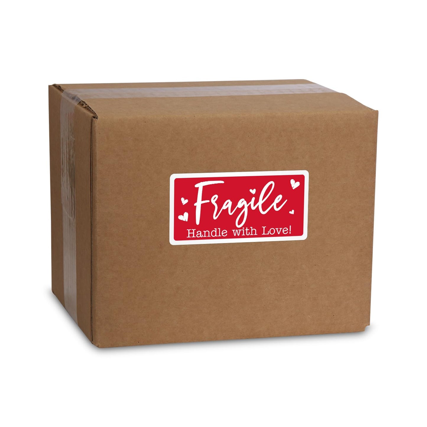 SmartSign Handle with Love Fragile Stickers - 2 x 4 inch, 100 / Roll, Funny Fragile Shipping Label, Semi-Gloss Paper, Permanent Adhesive, White on Red, Made in USA