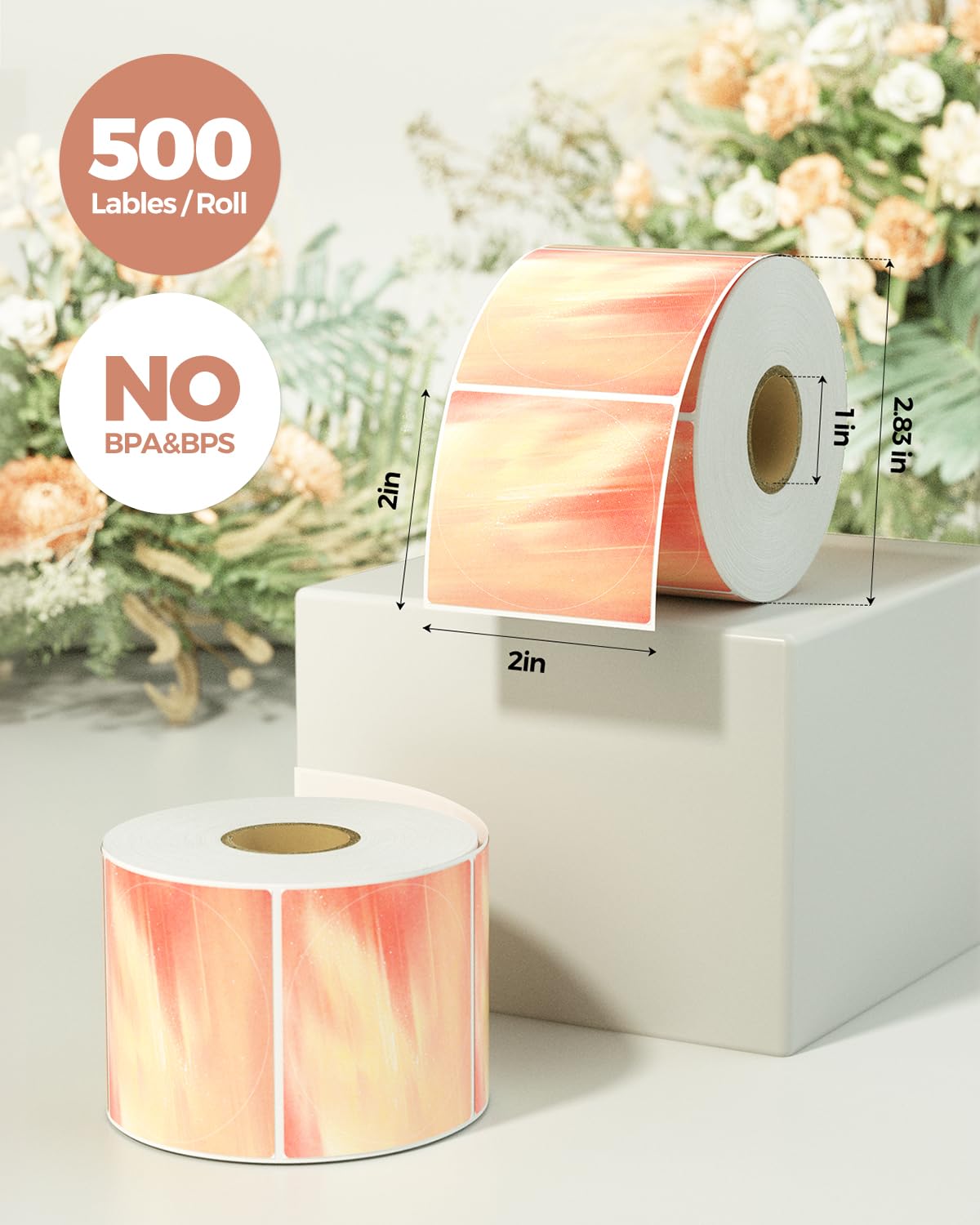 MUNBYN 2 Inch Round Orange Thermal Labels, Self-Adhesive Stickers for Baking, Candle, and Food, Compatible with Thermal Printers, 500 Labels/1 Roll