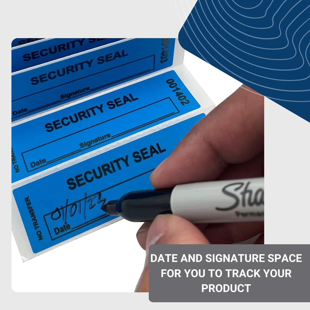 USPACKSMART 1"x3.35" Blue Non-Transfer Tamper-Evident Security Void Stickers/Labels/Seals with Sequential Numbers, Writable, Fan Folded for Convenience | 100-Pack Labels/Stickers