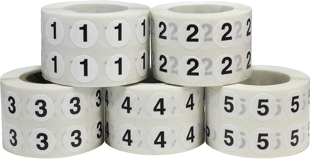 Numbers 1-5 Bulk Pack Office Warehouse Organization Inventory Stickers 1/2 Inch 1,000 Per Roll 5,000 Total Stickers