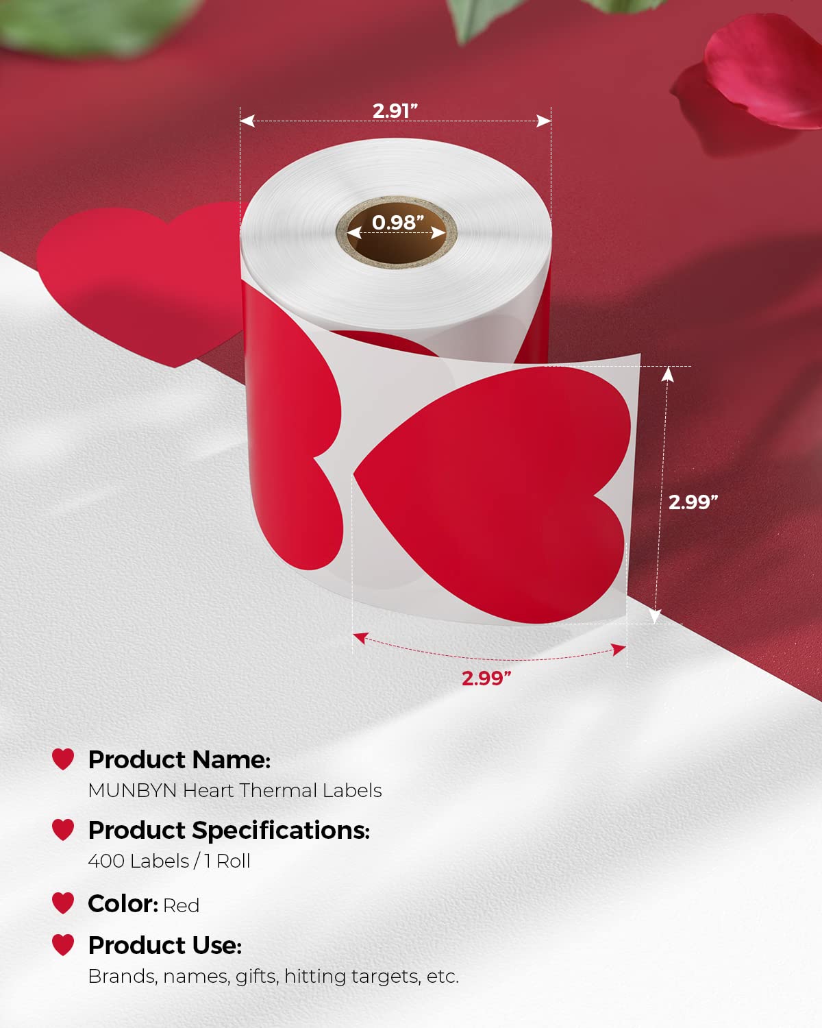 MUNBYN 3" Heart Thermal Stickers, Red Love Adhesive Labels for Gift, Wedding, Anniversary, Valentine's Day, Small Business, 400 Labels/1 Roll 3"