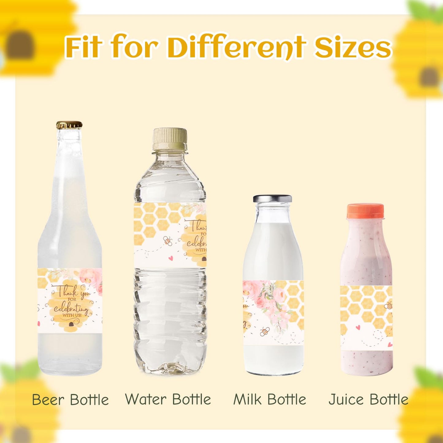 48 PCS Bee Theme Bottle Labels, Thank You for Celebrating with Us Party Decorations Bee Birthday Self-Adhesive Stickers for Water Bottle with Little Bumble Bees 48pcs