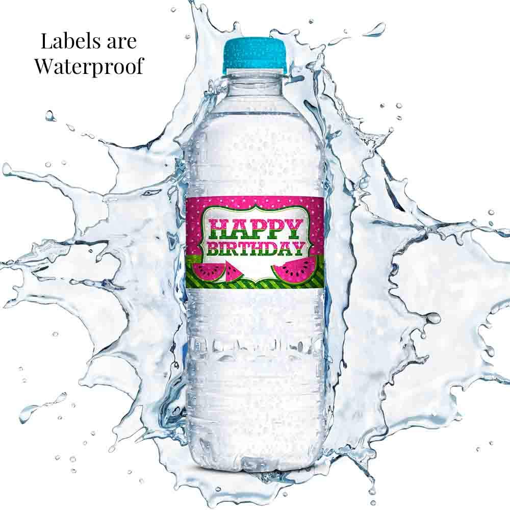 Sweet Celebration Pink Watermelon Birthday Waterproof Water Bottle Sticker Wrappers, 20 1.75" x 8.5" Wrap Around Labels by AmandaCreation