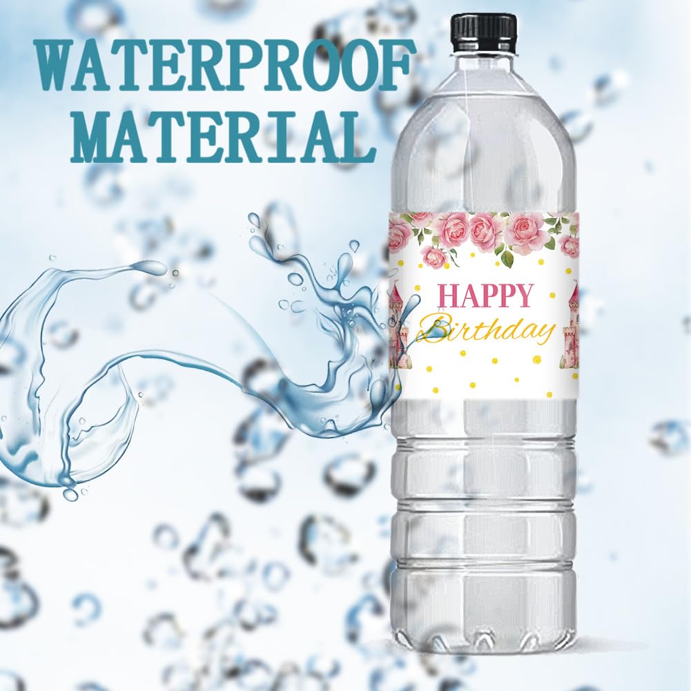 PH PandaHall 30pcs Happy Birthday Water Bottle Labels, Adhesive Bottle Labels Stickers Castle Flowers Waterproof Water Bottle Wraps Party Favor Decorations for Birthday Party, 8.5x2.5 inch