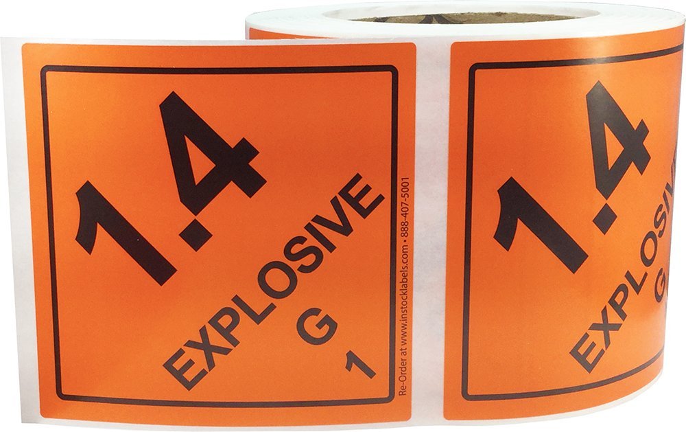 Hazard Class 1 D.O.T. Explosives 1.4G Hazmat Labels 4x4 Inch Square 500 Adhesive Labels