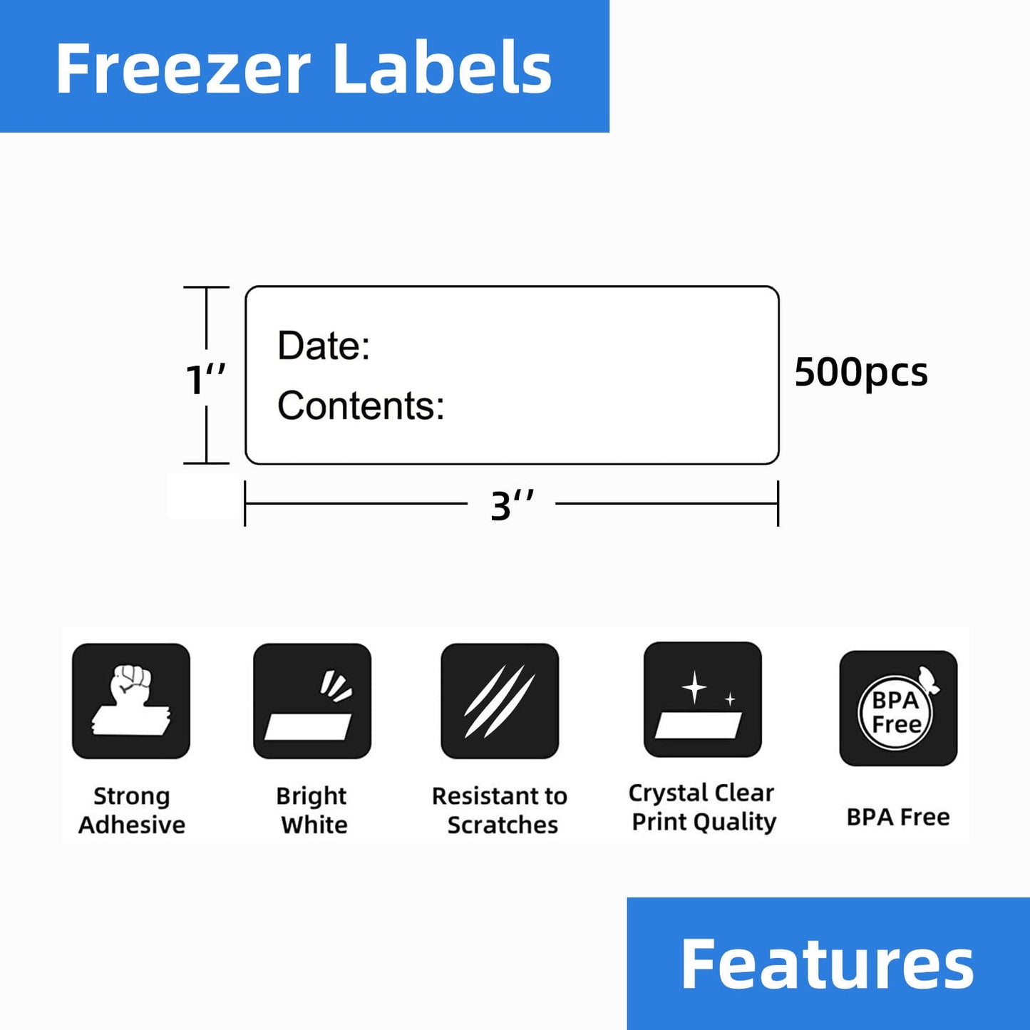 500 Pcs 1" x 3" Freezer Refrigerator Food Labels, Removable Adhesive, Water Oil Resistant, No Residue Food Storage Containers Labels Perfect for Monitoring Your Food in Kitchen Freezer - Black