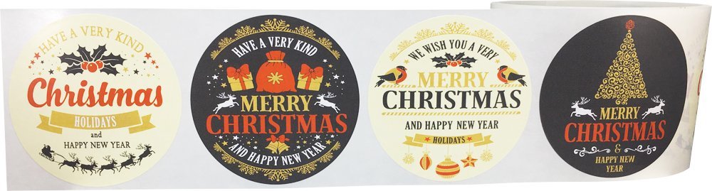 Merry Christmas and Happy New Year Stickers – 2.5 Inch Round Holiday Labels, Roll of 100 with 4 Festive Designs – Adhesive Circle Stickers, Made in The USA