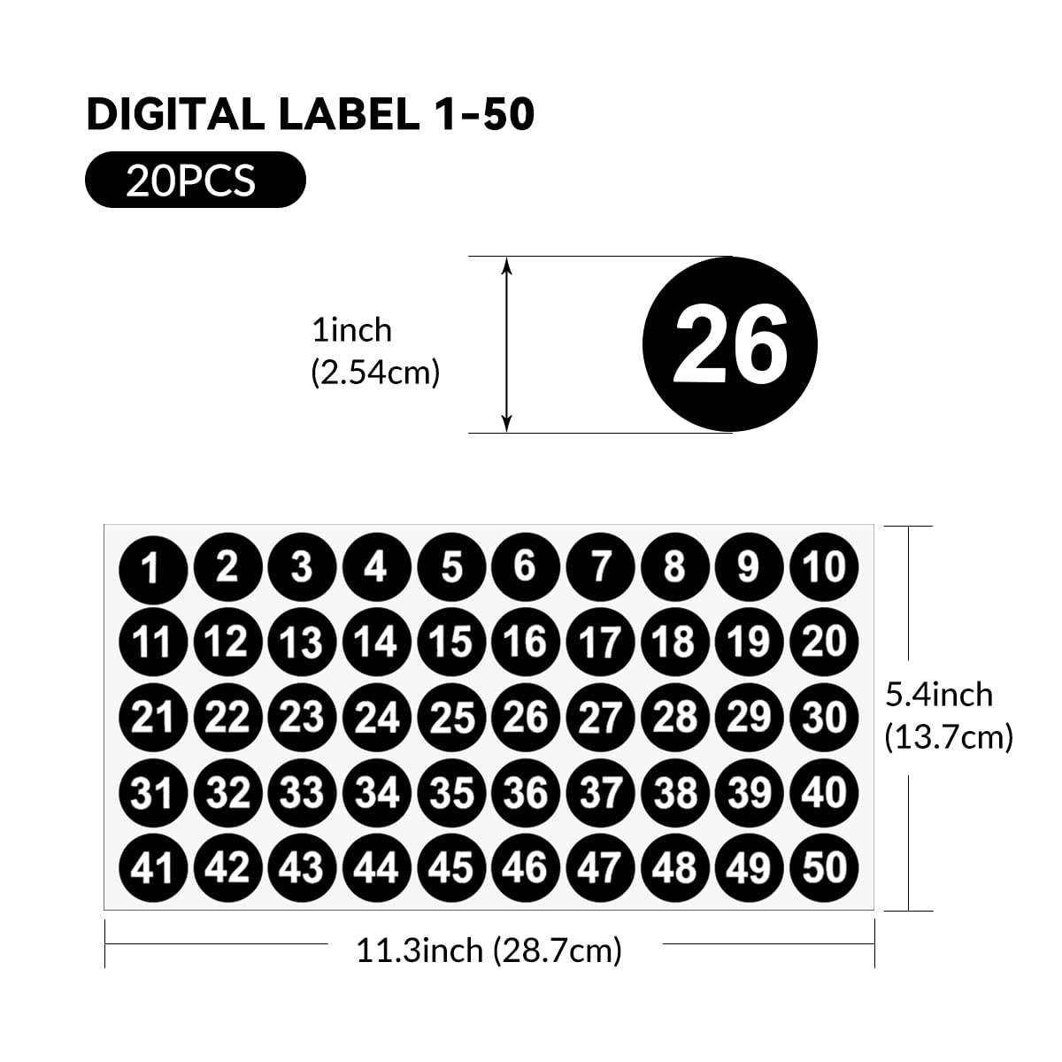 20 Sheets 1 to 50 Vinyl Small Round Labels Consecutive Number Stickers Waterproof Adhesive Inventory Stickers for Storage Box, Indoor Outdoor, Office & School Supplies