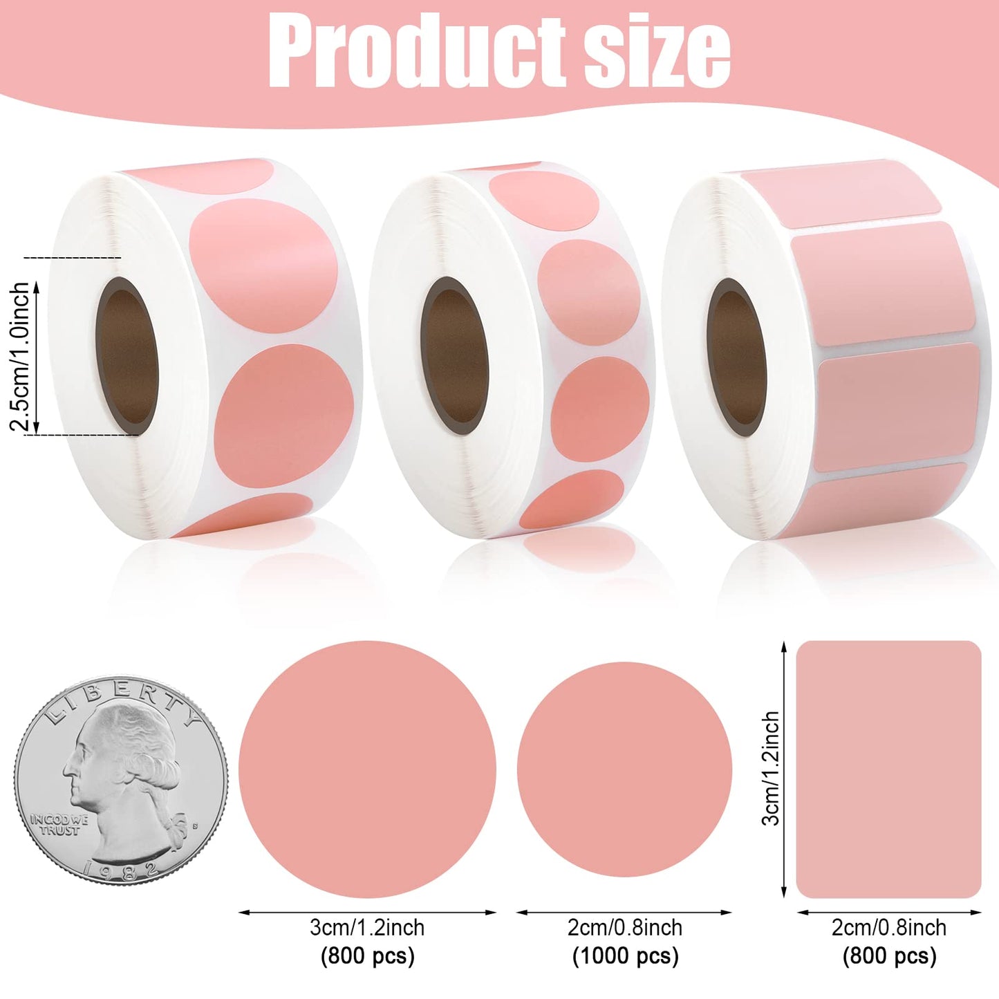 3 Rolls Mini Thermal Labels Thermal Printer Sticker 0.8 inch-1.2inch Small Size Self Adhesive Thermal Stickers Address Shipping Barcodes Sticker Labels for Printer, Square and Circle (Pink)
