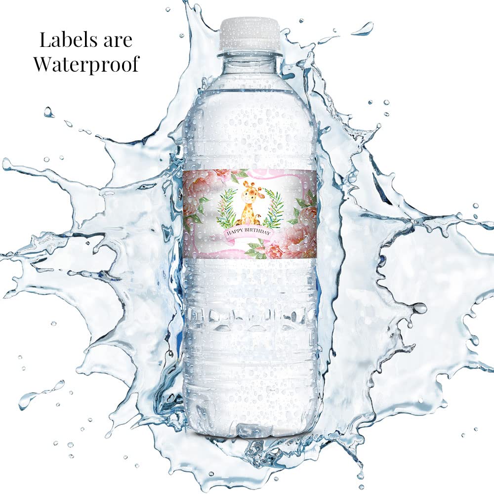 Watercolor Giraffe Birthday Themed Waterproof Water Bottle Sticker Wrappers 20 Wrap Around Labels Sized 1.75" x 8.5" by AmandaCreation