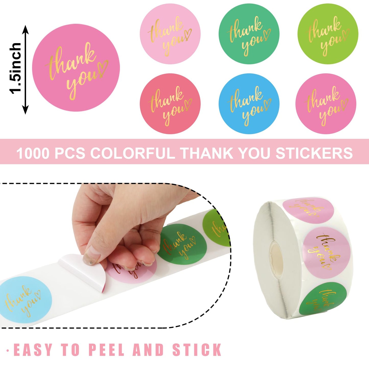 1000Pcs Gold Foil Thank You Sticker 6 Colors Heart Paper Decal Colorful Seal Sticker Label for Small Business Party DIY Supplies, 1.5 Inch
