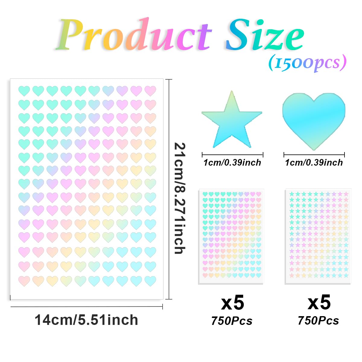 1500 Pcs Small Star Stickers Self-Adhesive Holographic for Kids Reward, Foil Mini Cute Five Pointed Pastel Stars Heart Stickers for DIY Classroom Reward (Laser Silverf) 0.39in