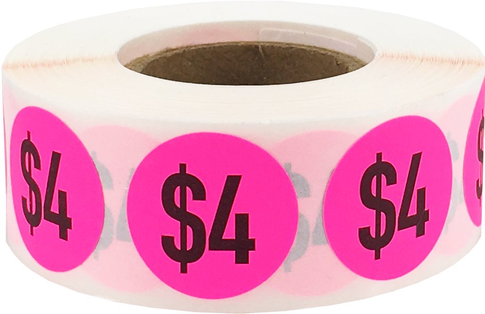 $4 Price Stickers Fluorescent Pink .75 Inch Round Circle Dots 500 Total Adhesive Stickers $4
