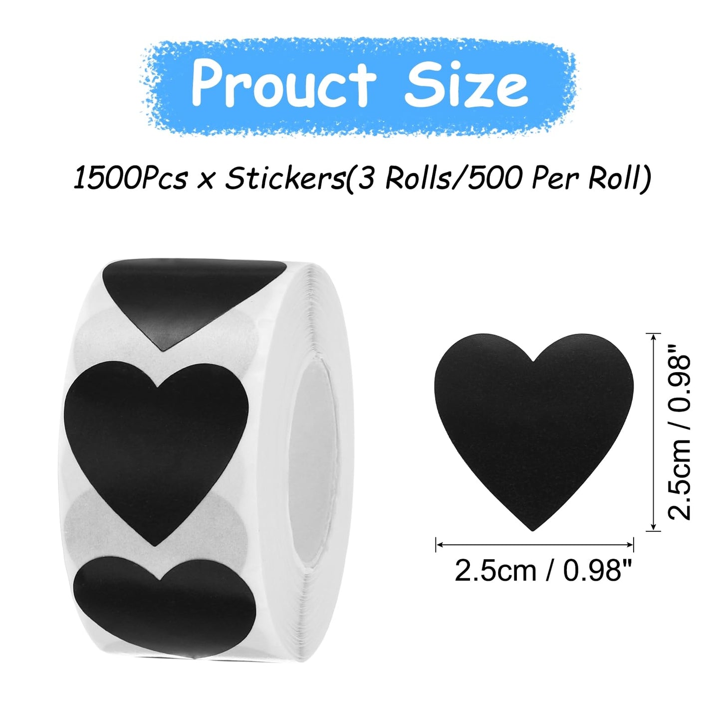MECCANIXITY 1500 Labels Black Heart Stickers 1 Inch Heart Shaped Sticker Labels Self-Adhesive Cute Decals for Envelope Valentine's Day Scrapbook Award Charts (3 Rolls, 500 Labels Per Roll)