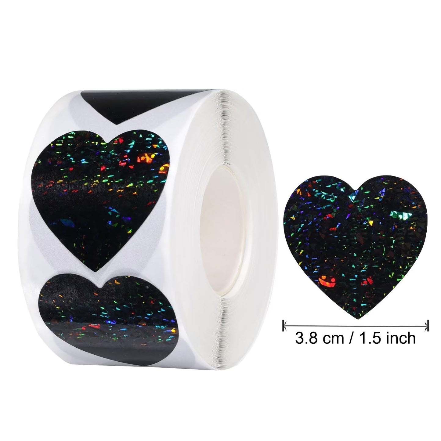 500pcs Glitter Black Heart Stickers 1.5 Inch Self Adhesive Labels for Valentine's Day, Party Decoration, 1 Roll (Black)