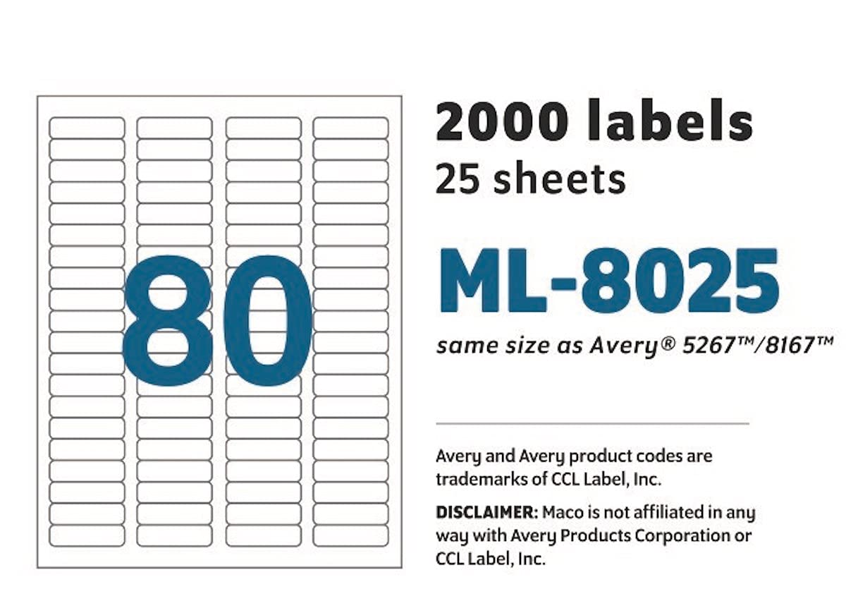 MACO Laser/Ink Jet White Return Address Labels, 1/2" x 1-3/4", 80 per Sheet, 2000 per Pack (ML-8025) 2000/Box 1/2 x 1-3/4 Inches - 2000/Box
