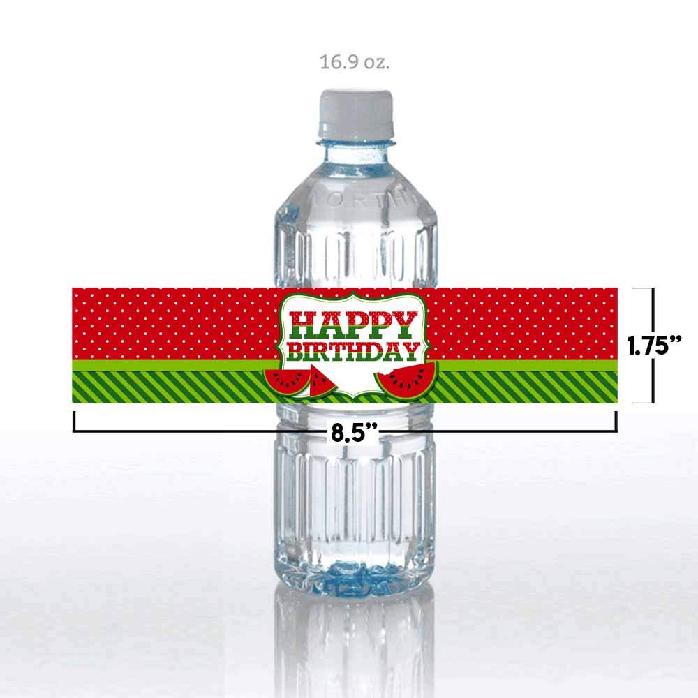 Sweet Celebration Red Watermelon Birthday Waterproof Water Bottle Sticker Wrappers, 20 1.75" x 8.5" Wrap Around Labels by AmandaCreation