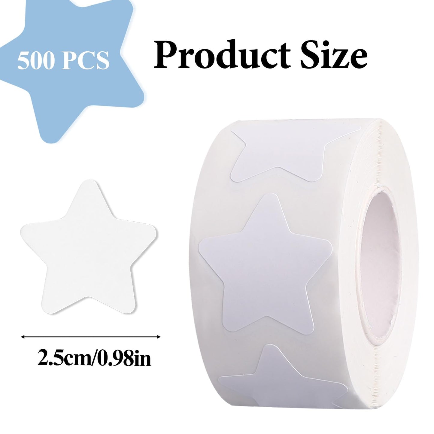 White Star Sticker Roll, 500 Pcs Small Star Shape Stickers, 1 Inch, Self-Adhesive Vinyl Stars, Labels, Paper, Waterproof, Removable, Reward Stickers for Teacher, Business, Arts and Crafts