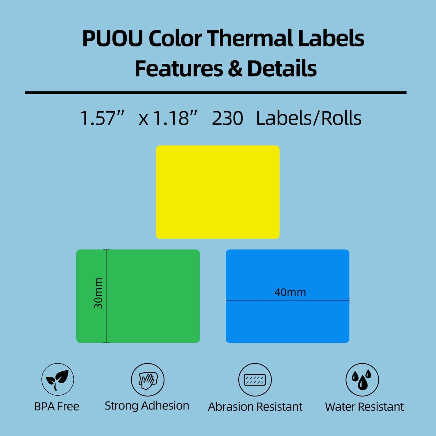 PUQU 40 x 30mm Thermal Sticker Labels, 230 Pcs Blue Direct Rectangular Thermal Printer Stickers, Self-Adhesive Address/Name/Barcode/Price/Shipping Multi-Purpose Roll Sticker Labels Blue/230 Labels 1.58"x1.18"