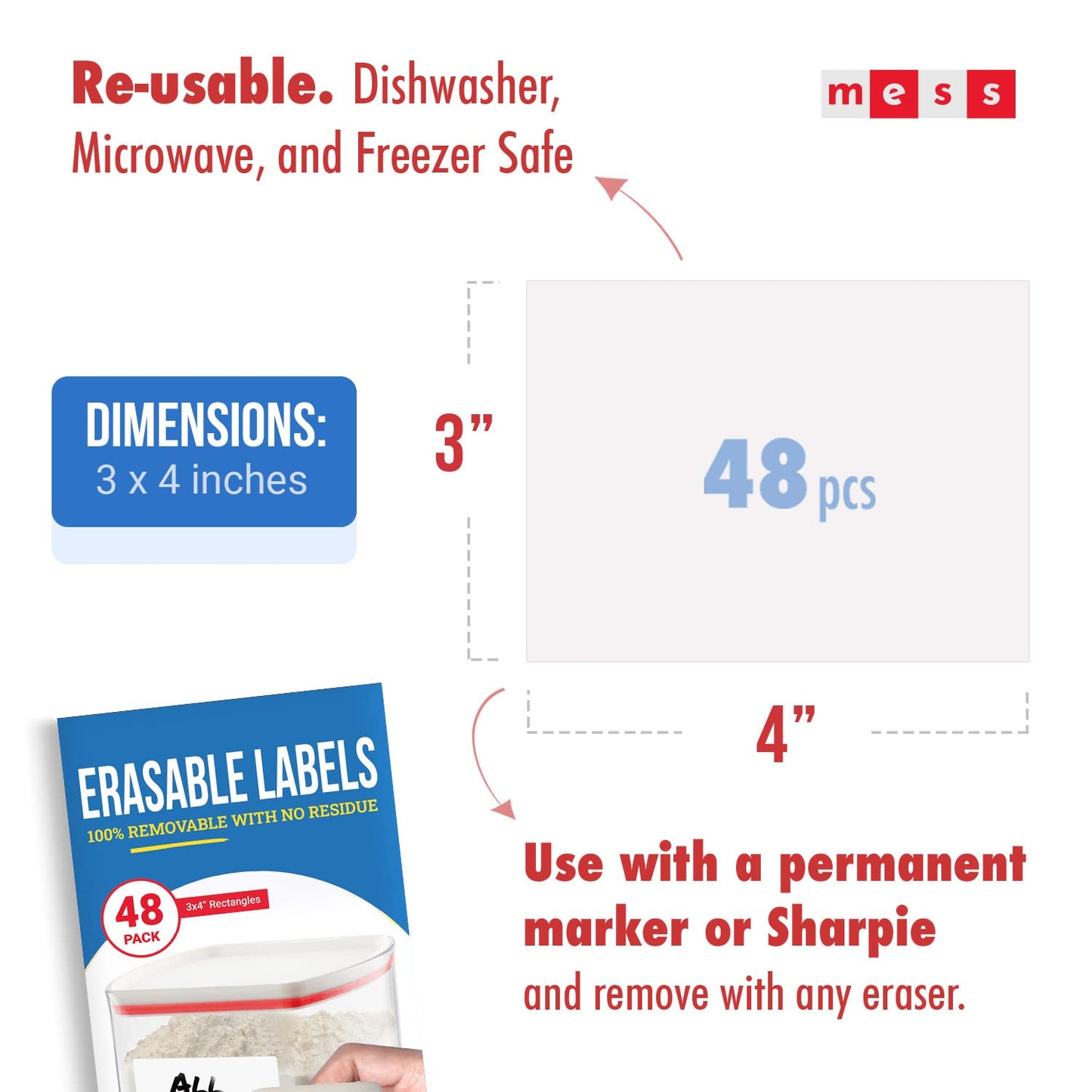 MESS Reusable Kitchen Labels - Erasable, Organizing (3x4) - Fridge & Freezer Safe - White Dry Erase (48) 3x4"