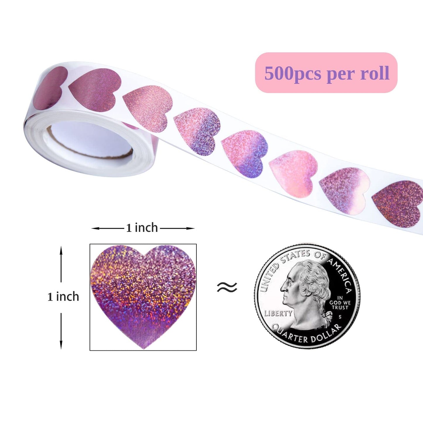500Pcs Heart Stickers, 1 Inch Glitter Small Heart Shaped Sticker, Love Stickers for Valentines Day/Mothers' Day/Wedding, Decorations for Envelops Gift Wraps, Offices, Teachers & Classrooms