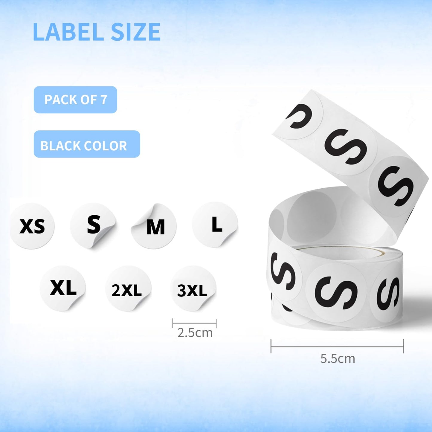 Round Clothing Size Stickers for T-Shirts 3500 PCS 7 Sizes, Trousers, Skirts | Self Adhesive Size Labels, XS to XXXL, Ideal for Retail and Apparel