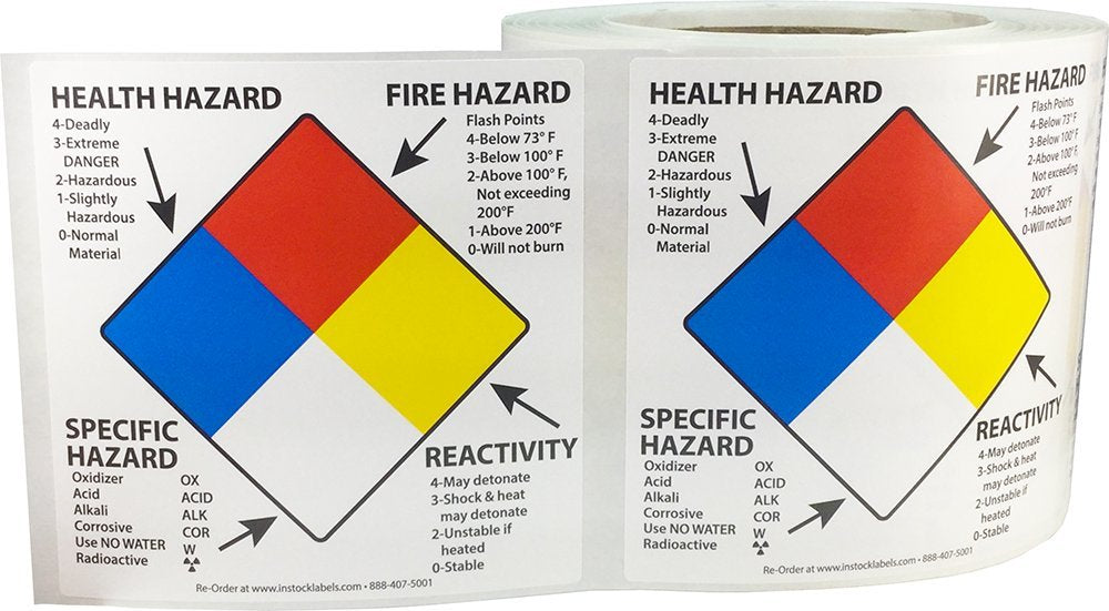 Right to Know Labels Health Fire Reactivity Specific Hazard 4 x 4 Inch Square 500 Adhesive Stickers