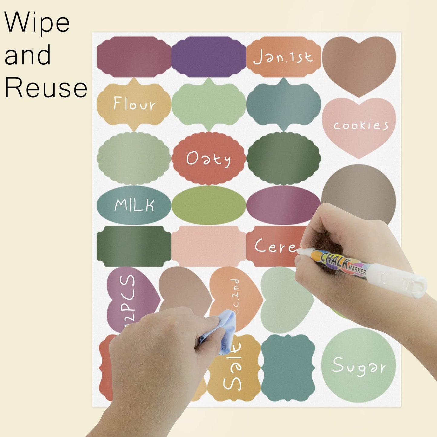 Linkidea 168Pcs Fancy Shape Colored Label Stickers, Colored Mason Jar Small Sticker Labels with Whiteboard Pen for Spice Jars, Essential Oil Bottles, Food Containers, Storage Bins (2" x 1")
