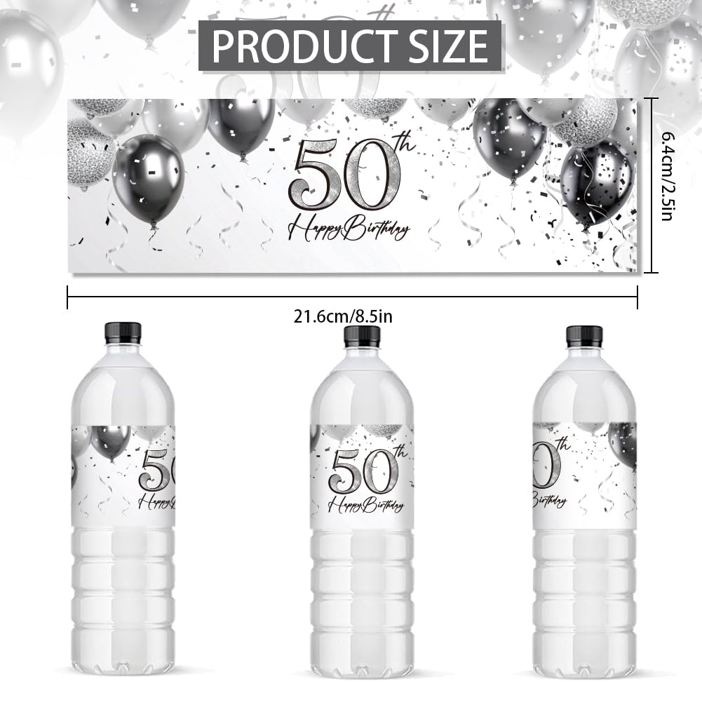 PH PandaHall 50th Birthday Water Bottle Labels Happy Birthday Stickers for Party Personalized Water Bottel Wraps Self Adhesive Labels for Father Husband 8.5x2.5 inches, 30pcs