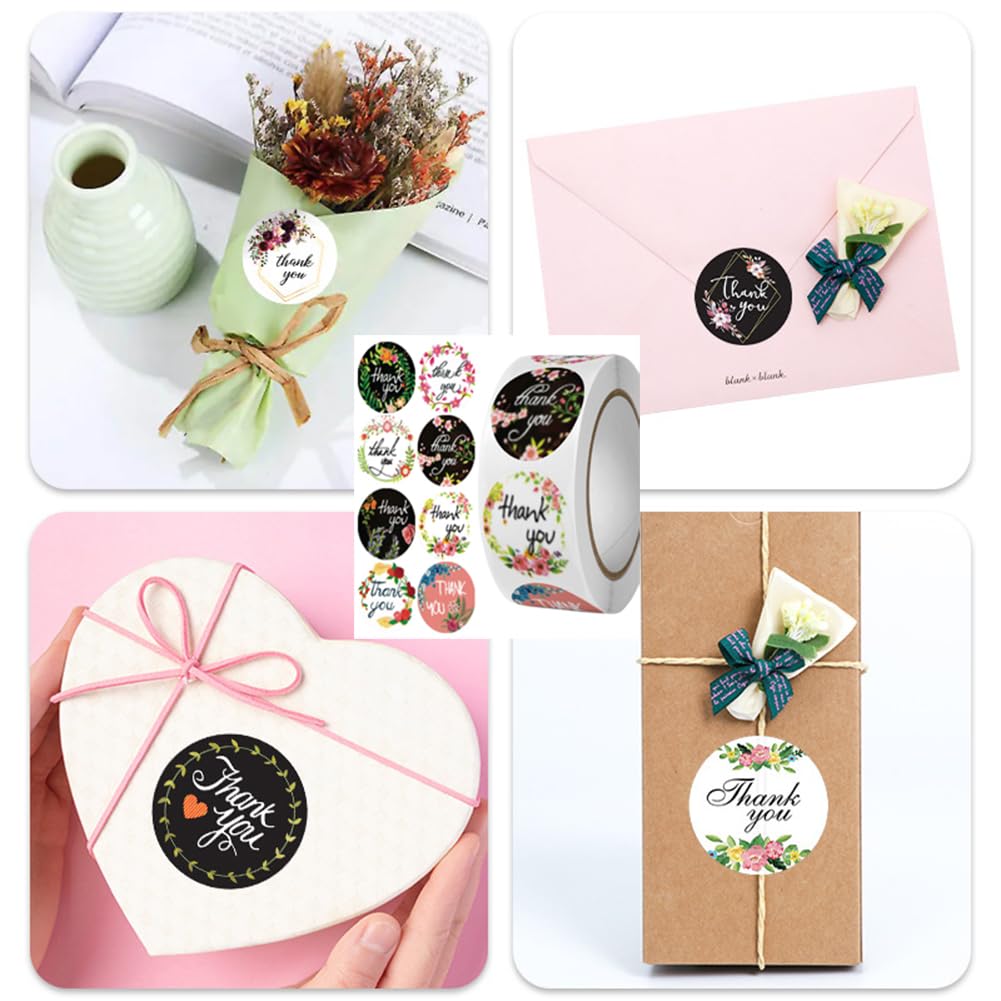 500 Pcs Thank You Stickers 8 Designs 1 Inch Thank You Stickers for Packaging Thank You Stickers for Small Business Thank You Label Stickers Self-Adhesive Labels (Black Floral) Black Floral