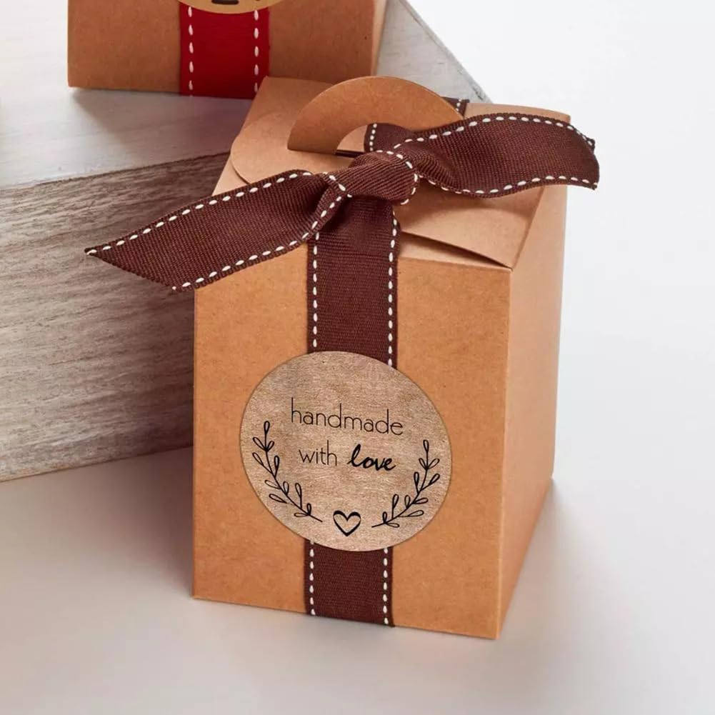 1000PCS Handmade with Love Stickers - 1 Inch Small Round Brown Floral Heart Baking Stickers for Baked Goods Packaging, Envelope Seals, Small Business, Wedding, Birthday Gift Wrap Handmade Love Floral