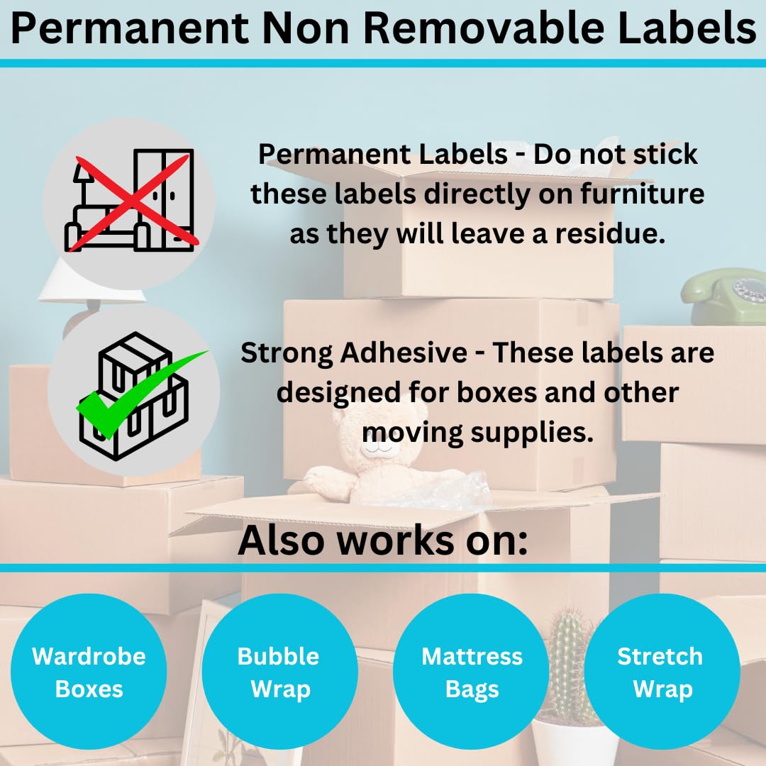 250 Home Moving Labels for 1 Bedroom House. 50 Labels Per Room, 5 Pre-Printed Color-Coded Labels, Includes Fragile Moving Stickers for Moving Boxes, Moving Supplies, Wardrobe Boxes, Apartment Sticker
