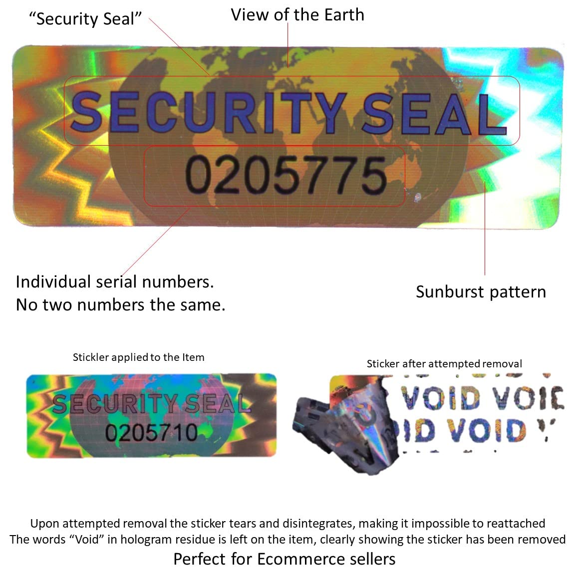 70 Hologram Tamper Evident, Tamper Proof Stickers. Security Seal. Individual Serial Numbers. Tamper Foil Tape Labels. Destroyed Upon Removal with Residual Text Left on Item.… (70 Stickers) 70 Stickers