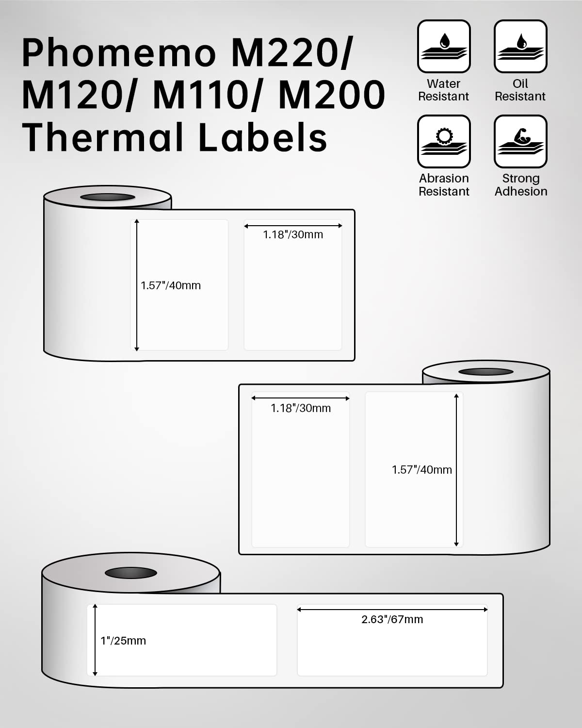 Phomemo Labels Set, M220 M110 M221 M120 M200 Label Maker Tape,Black on White Thermal Paper Self-Adhesive Stickers, Include 1.57'' x 1.18'',1.96'' x 1.18'',1" x 2-5/8" 1.57'' 1.18'' ( 40 x 30mm)