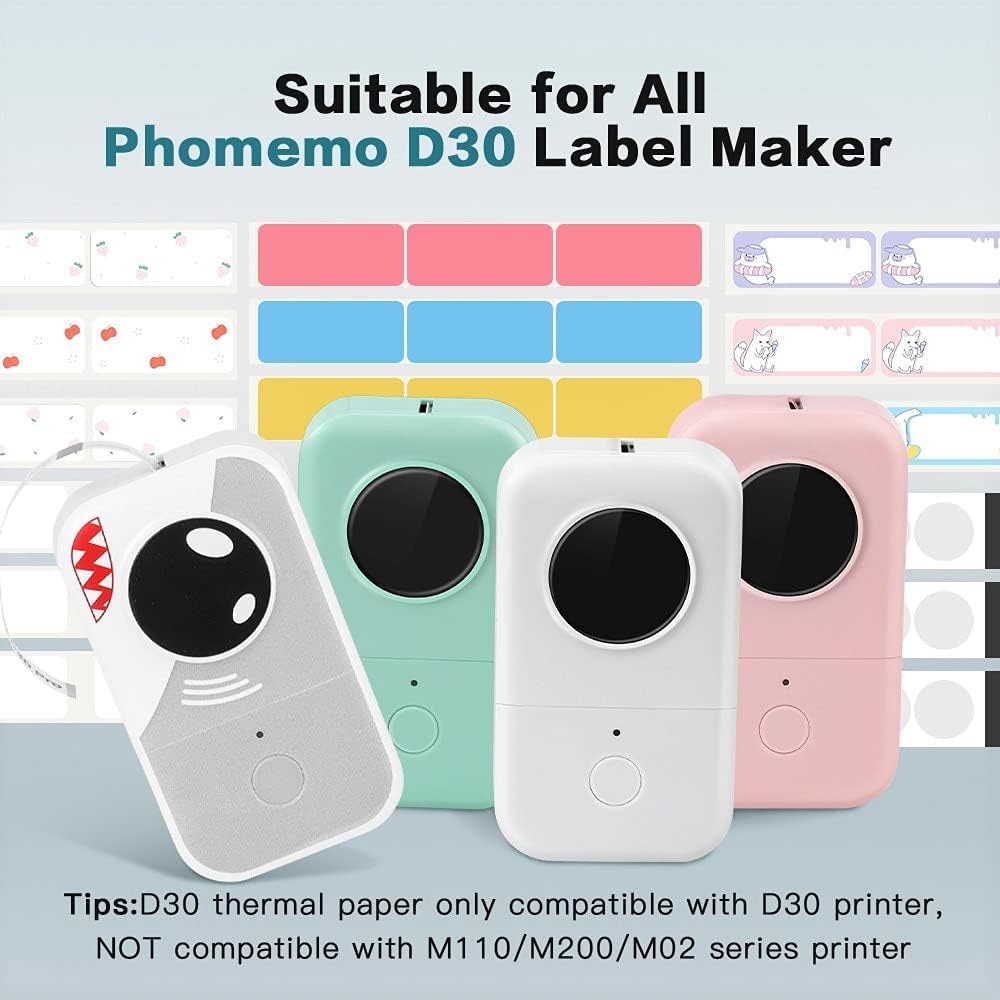 Phomemo D30 3 Roll Adhesive Cute Pattern Label Paper 0.55" x 1.96" (14mmX50mm) for Labeling Kid Items, for School, Organization- Animal Series, 130 Labels for Each Roll