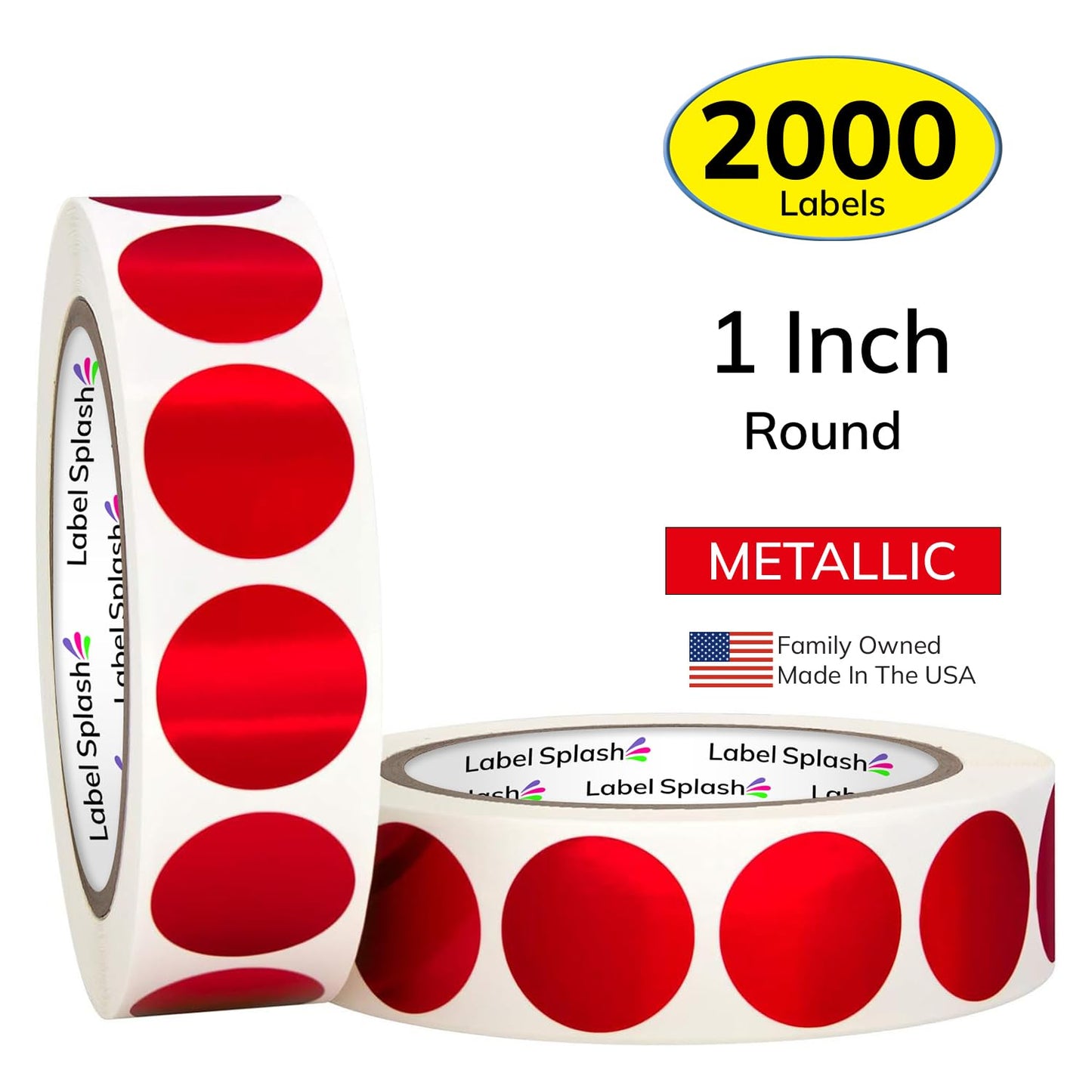 LABELSPLASH 1 Inch Metallic Red Round Color Coding Permanent Adhesive Labels 1000 Stickers per Roll Made in The USA 1” Circle Stickers (2 Roll Pack) Metallic Red (2rolls)