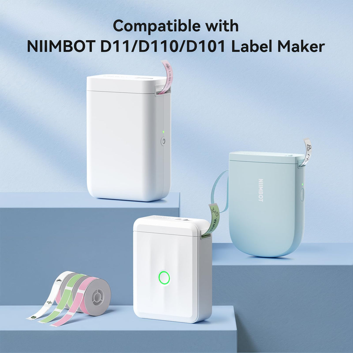 NIIMBOT Label Maker Tape for D110/D11/D101 Label Printer, Multi-Size 3Rolls Pack | 0.59'' x 1.18''White, 0.55'' x 1.97''Transparent, 0.47'' x 1.57''Blue, for Home Office School Labeling Mix 3-white/Transparent/Blue