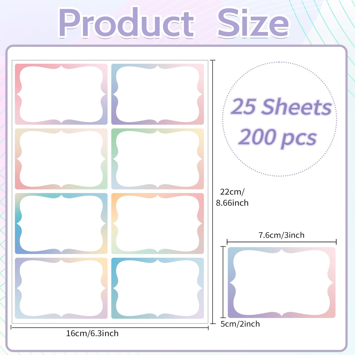 Starboling Gradient Color Plain Stickers, 200 Pcs, 3"x2" Border - Office, School & Home Name Labels 3''x2''