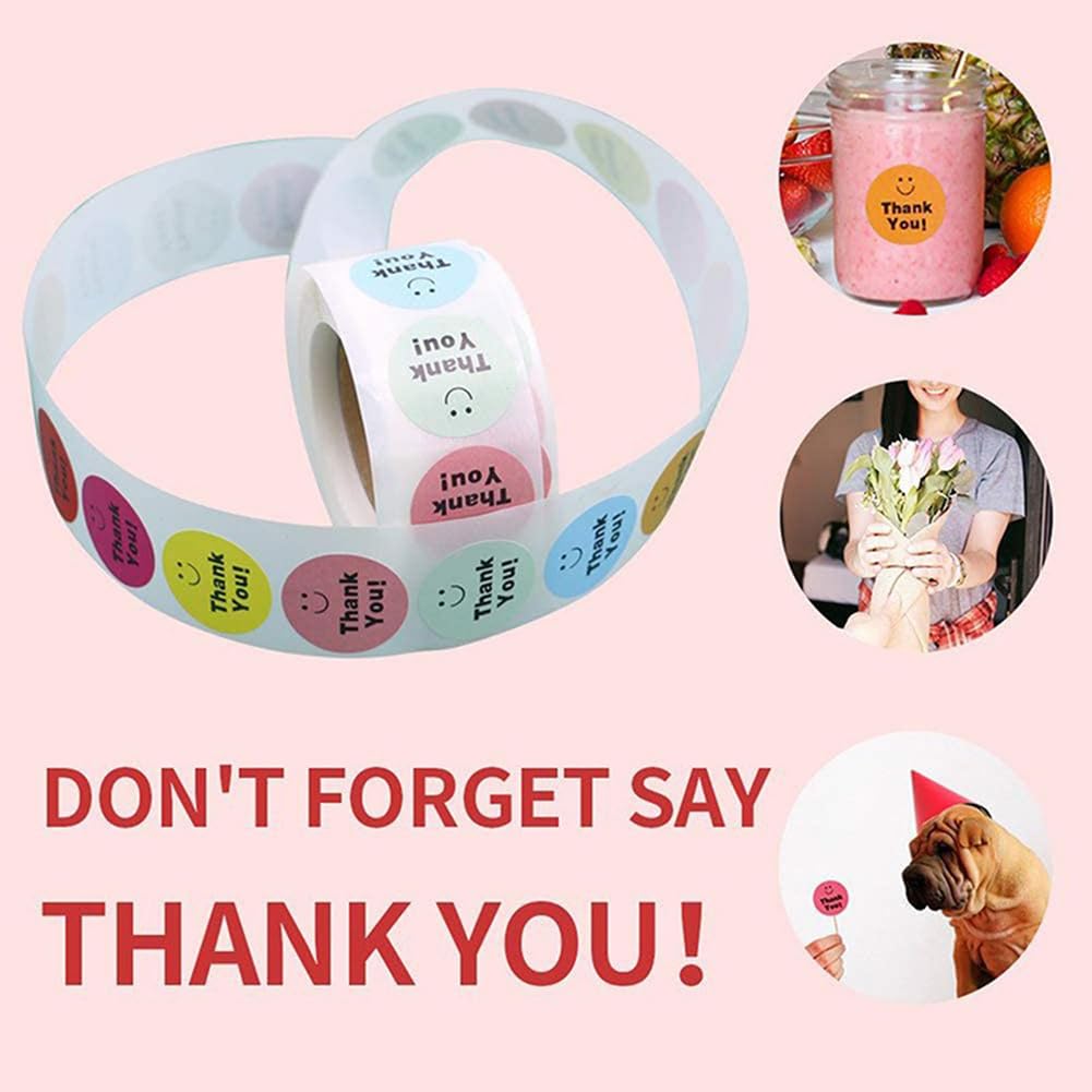 500 Pcs Thank You Stickers 8 Designs Colorful Smiley 1 Inch Thank You Stickers for Packaging Thank You Stickers for Baking Packaging Envelope Seals Small Business Thank You Label